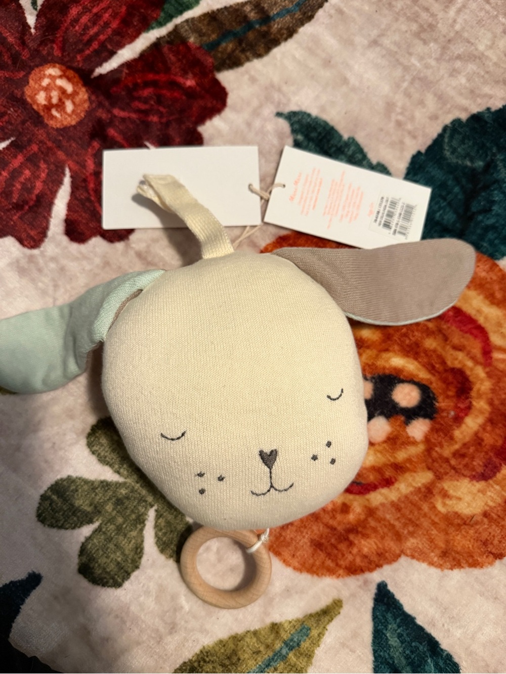 Meri Meri Plush Bunny Pull Toy in Cream with Mint and Taupe Accents